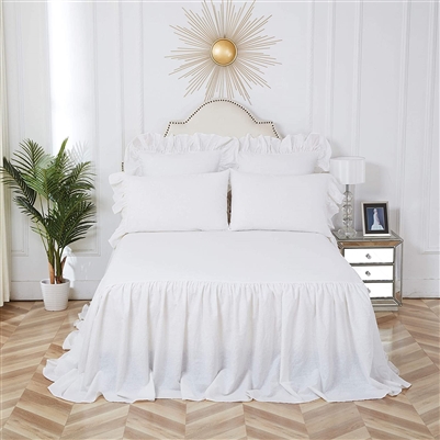 A linen ruffled bedspread that has universal appeal. The face fabric is 55% linen/45% cotton for a cool light look. A extra deep 30" drop on three sides allows for a luxurious drape. European pillow shams and pillowcases have oversize ruffled edges