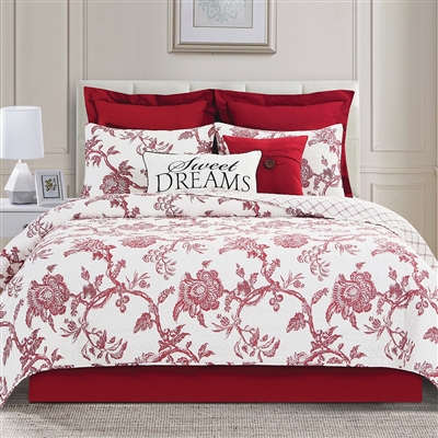 Arcadia is a sophisticated  crisp crimson red and white traditional Jacobean design reversing to a crimson trellis design.