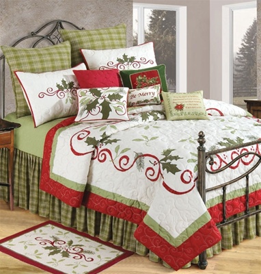 Holiday Garland is a festive quilt design that will bring the spirit of Christmas to your master bedroom suite. Classic red, green, and ivory embroidery and appliquÃ©s of ribbon and holly add a luxurious overall effect. Lovely fern green plaid Euro