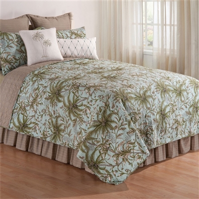Barbados Sea- A WilliamsburgÂ® design. The Barbados Sea quilt features a soft, breezy design with palm trees and tropical foliage in shades of green, taupe and cream on a aqua background