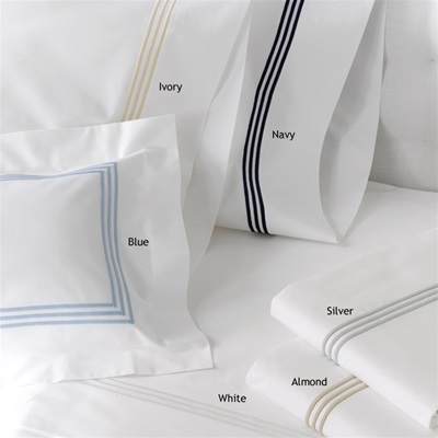 Classic design- three lines of satin embroidery on a white percale sheeting has a timeless appeal. Cool 350 thread count 100% cotton percale that feels softer after each washing