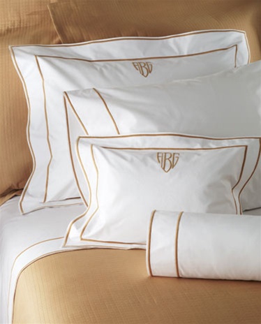 Ansonia by Matouk is embellished with two rows of  satin stitching on 500 thread count white Egyptian cotton percale sheeting. Ansonia comes in sheets, shams, cases and duvet covers. Ansonia satin stitch colors include almond, blue, bronze, charcoal,