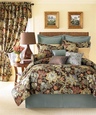 Audubon By Rose Tree- A magnificent traditional Jacobean design that will add elegance to your master suite. Audubon has rich colorations of red and gold, with soft blues and greens on a chocolate brown background. The18" bedskirt features a blue