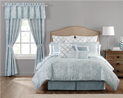 Mirabelle by Rose Tree- "Regal" is the only way to describe this elegant ensemble from Rose Tree.The centerpiece is the comforter that features an oversize woven jacquard floral in tones of light blue and white on a textured ground.