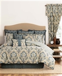 Harrogate by Rose Tree, A classic allover damask design in rich earth tone colors of blues and green.
The oversize comforter reverses to a neutral diamond geometric design in cream and taupe. Elegant decorative pillows