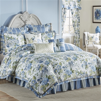 Floral Engagement- Bring your bedroom to life with the Waverly Floral Engagement Bedding Collection This beautiful ensemble features an ornate traditional floral in fresh hues of blue and green on a crisp ivory ground and reverses to a coordinating stripe