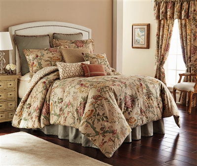Biccari by Rose Tree  A beautiful vintage floral print with perched birds will add a serene feeling to any room. Colored in autumnal shades of marigold, sage, russet and cranberry on a linen ground