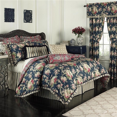 Waverly Sanctuary Rose- features blush florals on a striking blue ground. The comforter is accented with a cream and green pleated flange with braided cording and reverses to an elegant toile print of blue and cream on a rich red background.