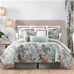 Brynne by Rose Tree-A classic Jacobean Floral from the Rose Tree collection. Rich shades of salmon, blush, blue and tones of green on a soft mint ground. The comforter reverses to a trellis design in tones of green on a white textured ground.