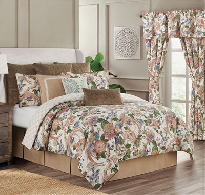 Audrey.. An allover floral in soft rose, pink, gold, cocoa and tones of green on an ivory texture ground
The comforter reverses to a geometric in tones of cocoa in an ivory ground.