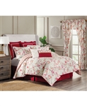 Islamorada.. An Asian inspired floral with bamboo and branches in tones of red, rose, orange and sage on an ivory ground The comforter and pillow shams reverse to a trellis bamboo print to coordinate with the comforter colors.