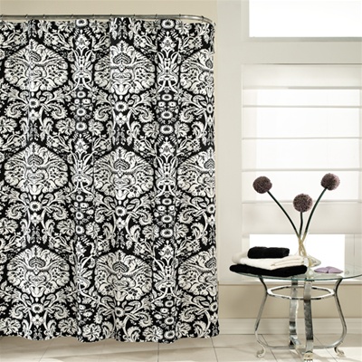 Damask  A traditional damask pattern in a whole new scale is great for any bath! 
This over-size pattern of black on white creates a distictive opulent impression while making a fashion statement in your master bath.