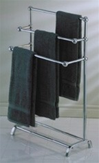 3-Tier Stand - Solid brass components, holds up to six towels, can also be used with quilts, blankets, or comforters. Easy assembly, weighs over 17 lbs., assembly instructions included. Available in polished chrome.