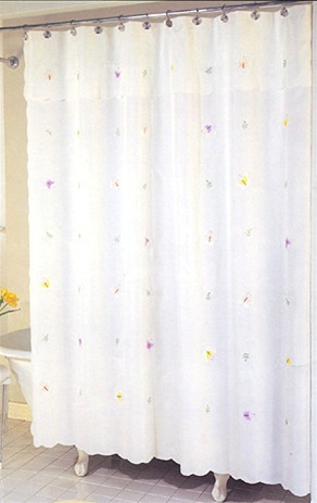 Pastel colored butterfly applique shower curtain. 100% Polyester, Machine Washable.