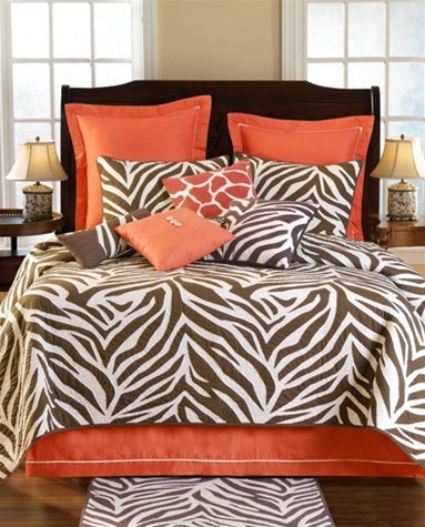 Expedition Quilt - Come on Safari with us with this fun ensemble of Zebra and Giraffe patterns. Rich shades of chocolate brown and apricot add a wonderful bold and refreshing look in any room. Decorative pillows include exotic skin looks.