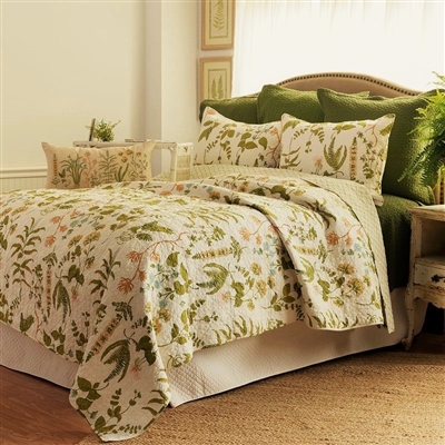 Anessa bedding by C & F- Anessa Quilt- A fresh botanical print of ferns and flowers on a cream background. The florals are predominantly green with soft peach and light blue highlights. Green lattice print is shown for the reverse.