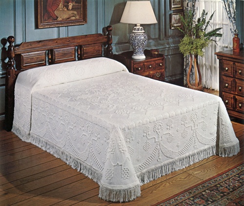 Original George Washington bedspread designed and manufactured in the famous Bates factory. They use the same skills to create this Colonial American reproduction featuring garlands and stylized flowers. Terry loop construction.
