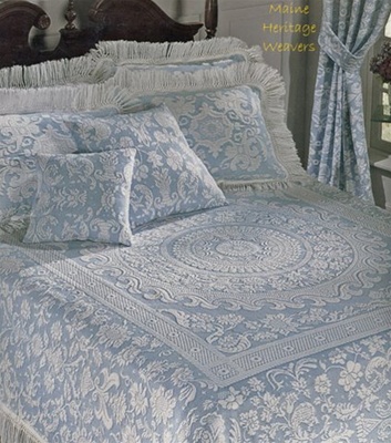 Queen Elizabeth bedspread designed and manufactured  in the famous Bates factory. They use the same skills to create this Colonial American reproduction featuring a matelasse center border design.