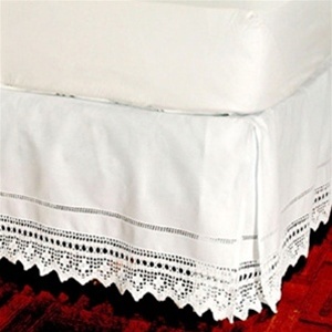 Elegant hand crochet lace tailored bed skirt is made of 100% cotton with an intricate chevron motif inset. Split corner drop to accommodate footboards. Comes in a 14â€ or 18â€ drop in twin, full, queen and king sizes. Coordinate European sham