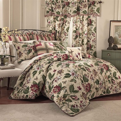 Waverly Laurel Springs- The traditional leafy vine, floral and coordinating stripe design come to life in rich jewel tones of crimson red, green, blue, and gold with contrasting cream accents on a natural ground.
