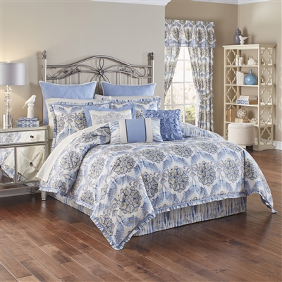 Over The Moon-
Bring your bedroom to life with the Waverly Over the Moon 4 Piece Bedding Collection. This beautiful ensemble features a dreamy, watercolor medallion print in shades of light blue, sapphire, and hints of gold on an ivory ground.