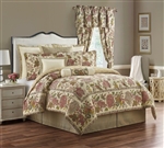 Amalia- Features an allover distressed vintage floral in the center with a floral board in tones of raspberry, red, olive green, taupe and a touch of honey gold on a cream ground reversing to a large scale foulard pattern in honey gold and red