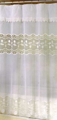 Sophisticated old world charm is brought up to date in this beautiful sheer fabric shower curtain 72" W x 72" L. Embroidered organza is embellished with delicate macrame lace borders. A coordinate lace trimmed attached valance completes the look.