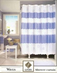 Waves - A novelty shower curtain made in a bouffant style featuring embroidered shells and starfish on a sheer polyester background. Machine washable.  Shower curtain is 72" wide x 72" long, machine washable.